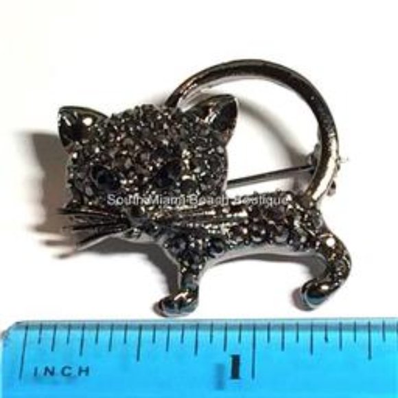 Silver Crystal Kitty Cat Pin Brooch Black Kitten Halloween Sparkly Crystals - Picture 5 of 5